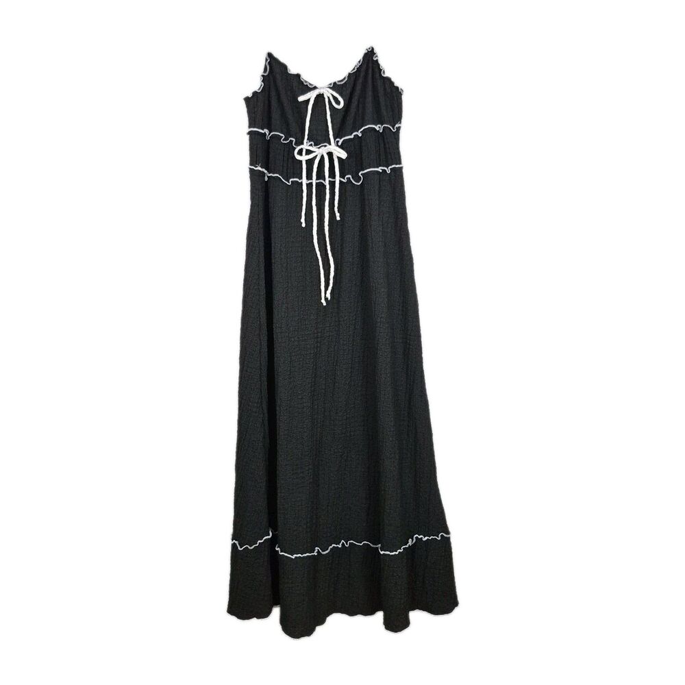 Black Maxi XL Tiered Dress Sweetheart Neck Bows Dark Romantic Prairie Boho Femin